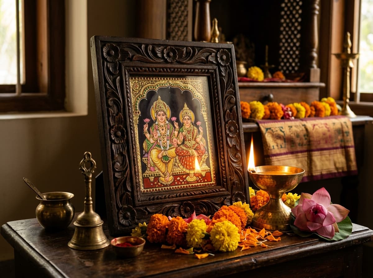 Sacred deity portrait beside brass diya
