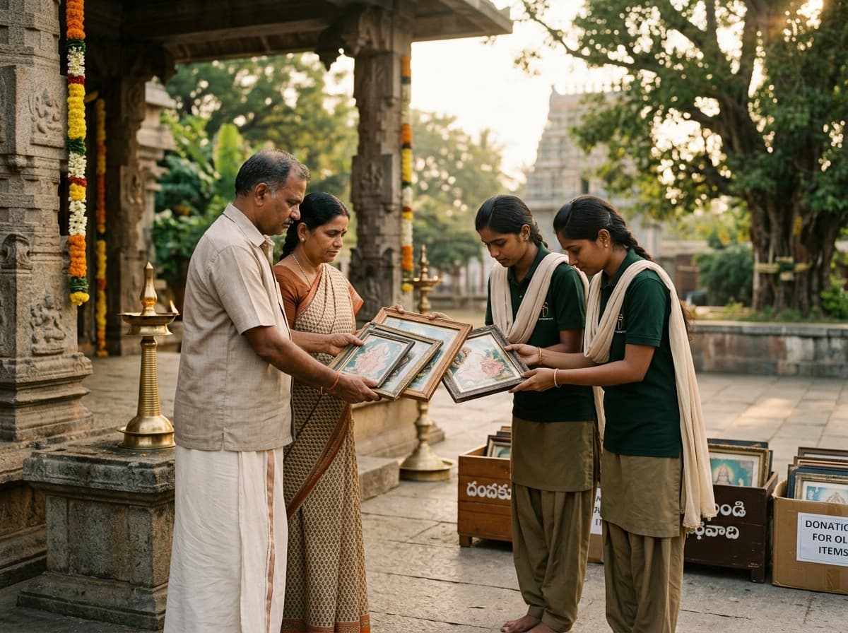 Devotees respectfully handing over sacred framed deity photographs to Durga Katyayani Foundation volunteers